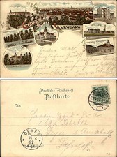 1897 Stempel GLAUCHAU Litho-AK mit Bahnhof, Schlachtviehhof, Post AK nach Geyer