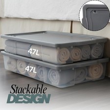 2x 47L Unterbett Aufbewahrungsbehälter mit Deckel Rollbar Flach Kleidung Aufbewahrung Set
