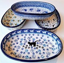 kleine ovale Auflaufform 21x13x4,5cm Bunzlauer Keramik, KATZEN- DACKELMOTIV