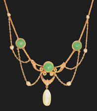 Art Nouveau Krementz & Co.USA Gelbgold 14K Jaden & Perlen Jugendstilcollier 1905