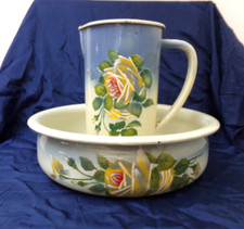 antike alte Emaille Emaile  Waschgarnitur Kanne und Schüssel mit Rosendekor