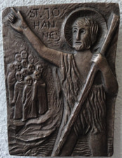 Schöne kleine Bronzeplatte Wandschmuck St. Johannes, christlich Katholizismus