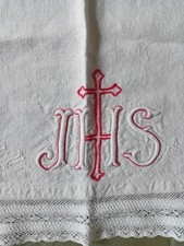 Altes Leinen Altartuch Rot-Weiss Stickerei Spitze Kommodentuch Ziertuch 77x119cm