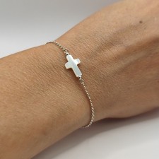 Armband 925 Silber mit Perlmutt Kreuz – Handarbeit, Damen Schmuck, 16+4 cm