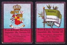 Bernburg/Anhalt „Öfen, Eisen, Kurzwaren, Werkzeuge“ Riebe & Beyer, 2 Werbemarken