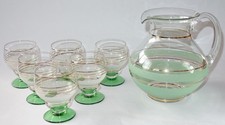 Vintage Glaskrug Kanne Karaffe mit 6 Gläsern Bechern grün weiß Goldrand