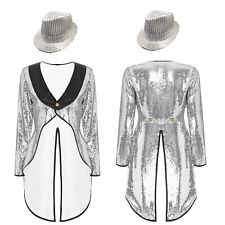 DE Damen Zirkus Kostüm Pailletten Jacke Frack Blazer Mantel mit Hut Halloween