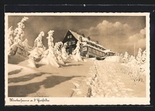 Heufuderbaude von A. Kober im Isergebirge im Schnee, Ansichtskarte 