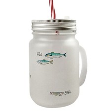 Flut - Ebbe Mason Jar Henkel Trinkglas mit Deckel mit kleinen Fischen