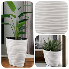 Blumenkübel Weiß 2 Größen Slim Wellenoptik 3D Einsatz Pflanzkübel Oval Modern