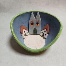 Unikat Bunte Runde Design Keramik Schale Handarbeit Motiv Häuser Idyllisch Dekor