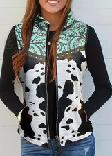 Kuhdruck-Weste, Stehkragen-ärmellos,mit Taschen, Damen Herbstmode