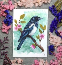 Elster Aquarellgemälde A6 Original, Vogel Kunst, Aquarellmalerei, Bilder, Deko