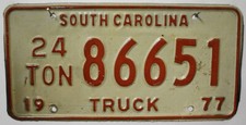 South Carolina Nummernschild 1977 USA Kennzeichen US Truck License Plate, 24 Ton