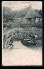 Gothmund, Ruderboote vor einem Reetdachhaus, Ansichtskarte 1899 