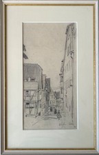 Otto Heinrich Engel Zeichnung Straße in Schlitz Stadtansicht 1924 38 x 24,4 cm