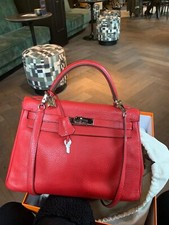 Original Hermès Kelly, Il Retourne 32 Clemence Rot, Full Set