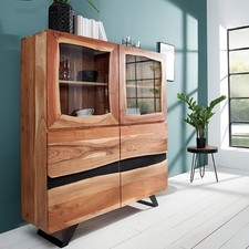 Massives Highboard AMAZONAS 140cm Akazie Metall Vitrine Baumkante Holzschrank