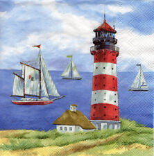3 Servietten ~ Maritim, Leuchtturm, Ufer, Meer, Segelyachten ~ 33x33
