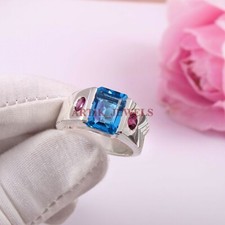 Natürlich Blauer Topas & Rhodolit Granat Mit 925 Sterlingsilber Herren Ring