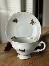 Moccatasse mit Untertasse Sammeltasse Rose von Weimar Porzellan, Handbemalt Gold