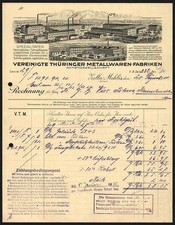 Rechnung Zella-Mehlis 1924, Vereinigte Thüringer Metallwaren-Fabriken AG, Drei  