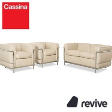 Cassina Le Corbusier LC 2 Leder Zweisitzer und 2x Sessel Creme Eierschale Weiß