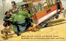 Litho Dicke Frau steigt in die Straßenbahn ein, Humor - 11219450