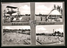 Ansichtskarte Uetze /Hann., Badeanstalt, Wappen, Sprungturm, Wasserrutsche 