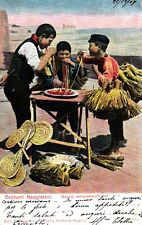 "Costumi Napoletani", Kinder essen Nudeln, Maccheroni, Strohbesen,1907