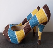 DOLCE & GABBANA Schuhe Pumps Peeptoe 36 Gelb Blau Braun Leder Stoff Stiletto