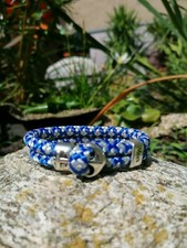 Damen Armband 19 cm blau/weiß Ankerverschluss antik Silber Schlaufe mit Gravur