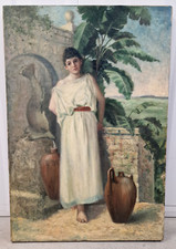 Gemälde Mädchen am Brunnen vor Palmen Öl auf Leinwand ca. 78x52,5 cm