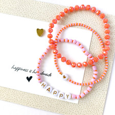 Armband - Set HAPPY m. Herz / 3-teilig / orange - pink & gold /  17,5cm / Sommer