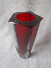 Murano Glas Vase Blockvase Überfang rot/blau klar 5-Eck 13,5x5,5cm seltene Form