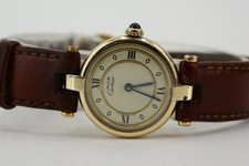 CARTIER VERMEIL 590004 Quarz Silber 925 vergoldet Ø 24 mm Leder braun creme dial