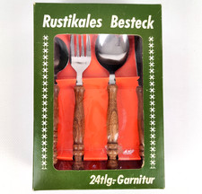 Vintage 70er Besteckgarnitur Rustikal 24-tlg mit Holzgriffen – OVP, unbenutzt