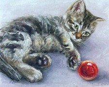 Kätzchen und Weihnachtskugel Original Pastell Malerei, Katze Gemälde, 20x25 cm
