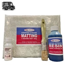Fiberglas Reparaturset. Glasfasermatte, Premium Harz, Katalysator & Pinsel.