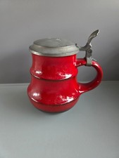 🏺 Vintage Steuler Krug mit Zinndeckel – Rot glasiert
