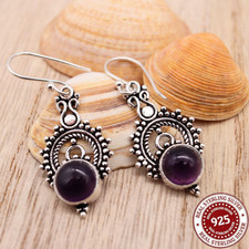 Damen Amethyst Edelstein Ohrringe – 925 Sterling Silber Ohrhänger, Schmuckbeutel