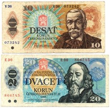 2 Banknoten  Tschechoslowakei  10 & 20 Kronen   gebrauchte Geldscheine