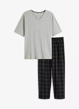 Pyjama mit gewebter Hose Gr. 60/62 (XXL) Schwarz Grau Herren-Schlafanzug Neu