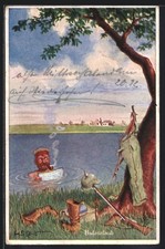 Künstler-AK H.S.B.: Badeurlaub, Soldat liest im Wasser Zeitung 1916 