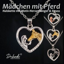 Halskette silberner Strass Herz Anhänger, Mädchen Pferd, Pferde Schmuck, reiten
