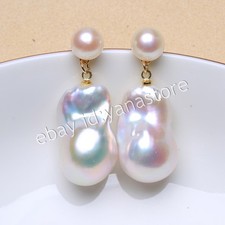 RIESIG 15-25MM ECHTE NATÜRLICH WEISSE SÜSSWASSER BAROCK PERLE BAUMELN OHRSTECKER