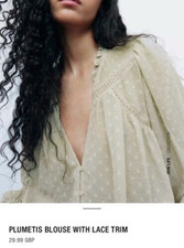 NEU MIT ETIKETT ZARA GRÜN SALBEI DURCHSICHTIG TUNIKA TOP BLUSE ELASTISCHE BÜNDCHEN RÜSCHEN GEPUNKTET XS