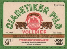 Bieretikett beerlabel DDR VEB GK Hanseat Rostock Diabetiker Diät Pils