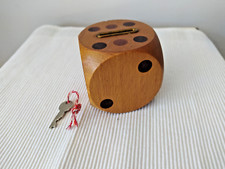 Vintage Holz Spardose Würfel mit Schlüssel 7 cm