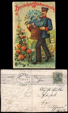 Litho AK Glückwunsch Geburtstag Birthday Postbote 1909   gel. Rollstempel Ulm